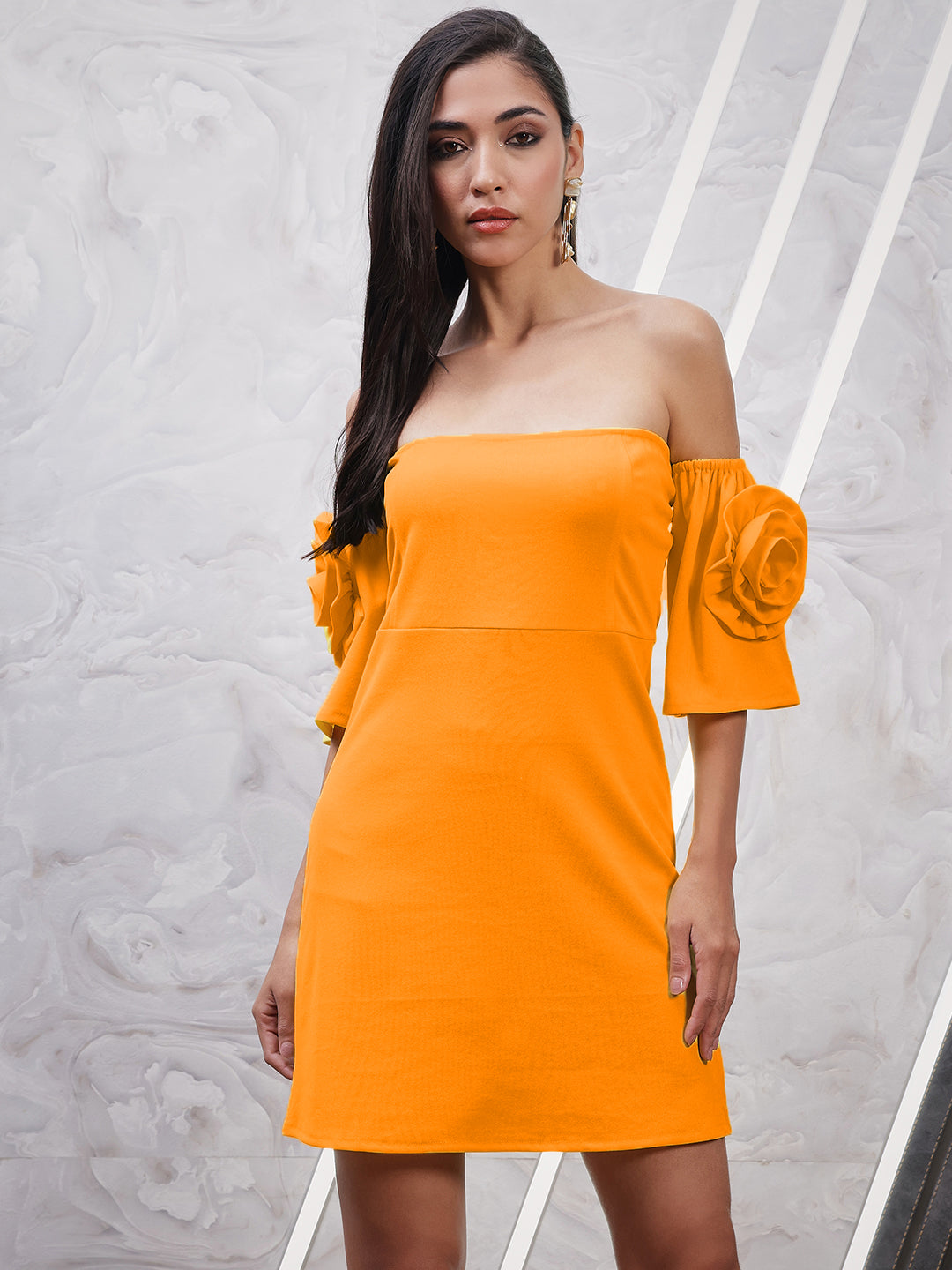 Athena Orange-Coloured Off-Shoulder Flared Sleeves Corsage Detailed Scuba Sheath Dress