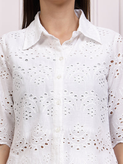 Athena Self Design Shirt Collar Schiffli Cotton Shirt Style Top