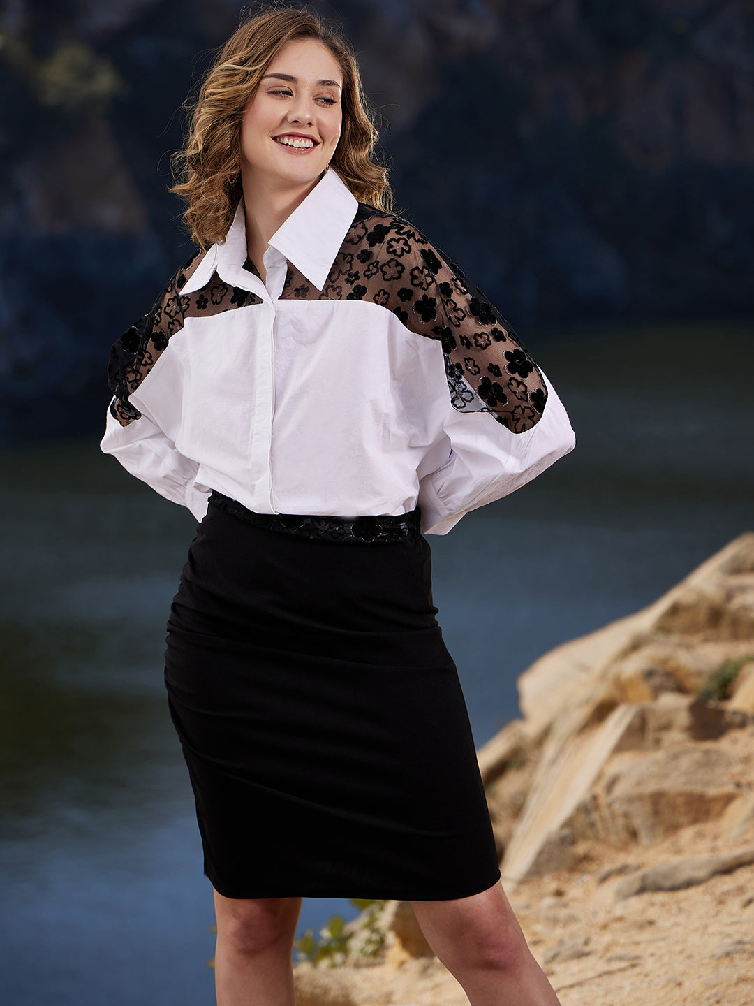 Athena Lace Insert Cuffed Sleeves Cotton Shirt Style Top - Athena Lifestyle