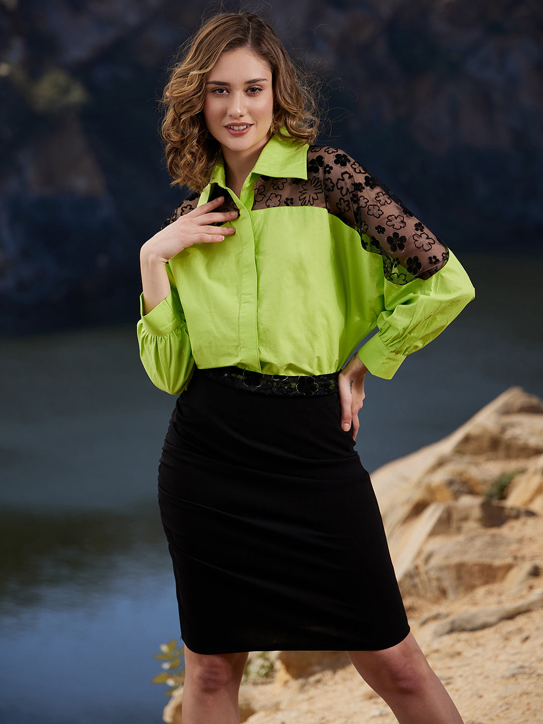 Athena Lace Inserted Shirt Style Cotton Top - Athena Lifestyle
