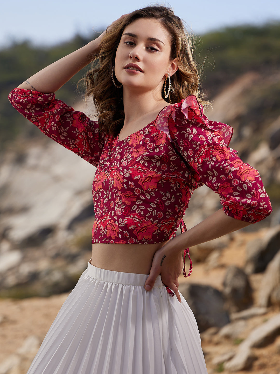 Athena Floral Print Sweetheart Neck Puff Sleeves Crop Top - Athena Lifestyle