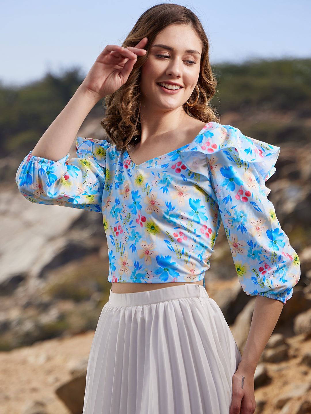 Athena Floral Print Sweetheart Neck Puff Sleeves Crop Top - Athena Lifestyle