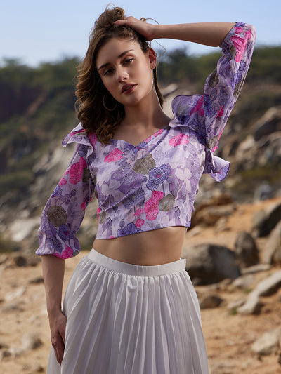 Athena Floral Printed Puff Sleeves Ruffles Detail Crop Top - Athena Lifestyle