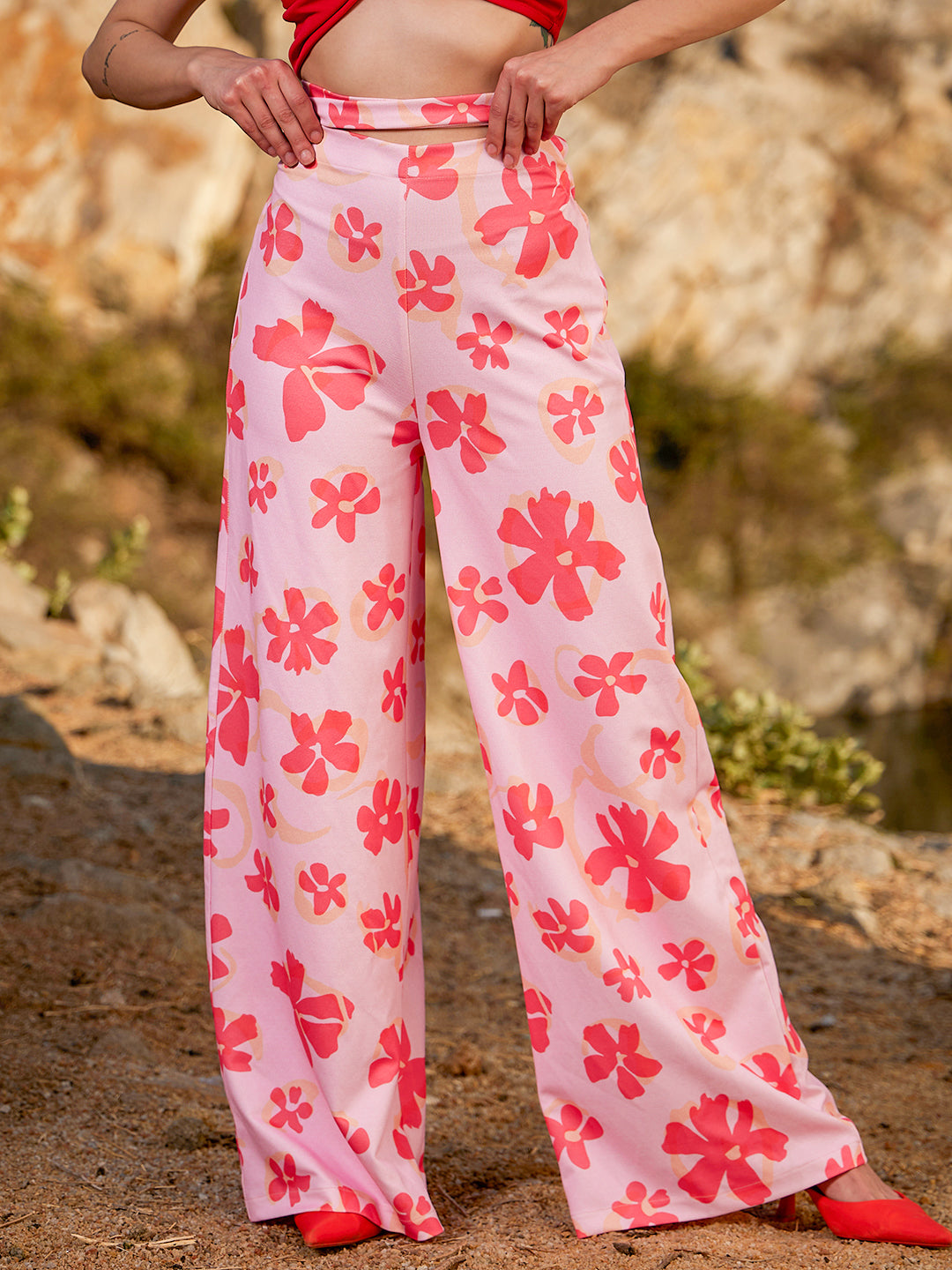 Athena Women Pink Printed Original Flared Easy Wash Trousers - Athena Lifestyle
