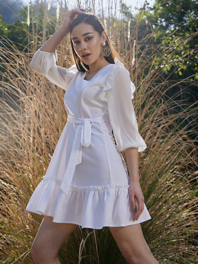 Athena V-Neck Scuba Puff Sleeves Ruffles A-Line Dress - Athena Lifestyle