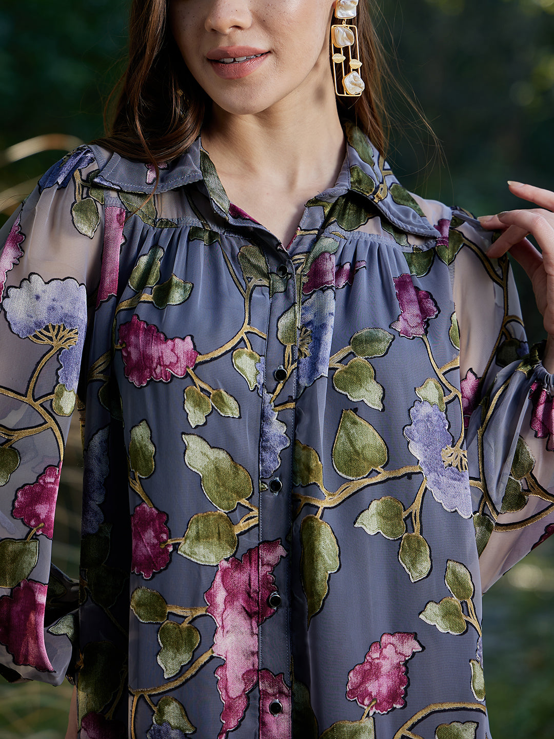 Athena Gathered Puff Sleeves Flounce Floral Printed Shirt Dress - Athena Lifestyle