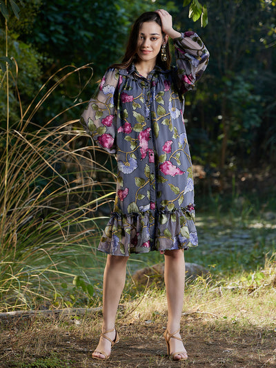 Athena Gathered Puff Sleeves Flounce Floral Printed Shirt Dress - Athena Lifestyle