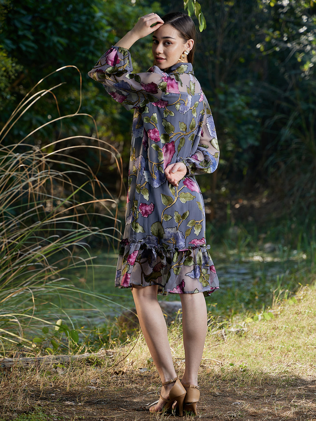 Athena Gathered Puff Sleeves Flounce Floral Printed Shirt Dress - Athena Lifestyle