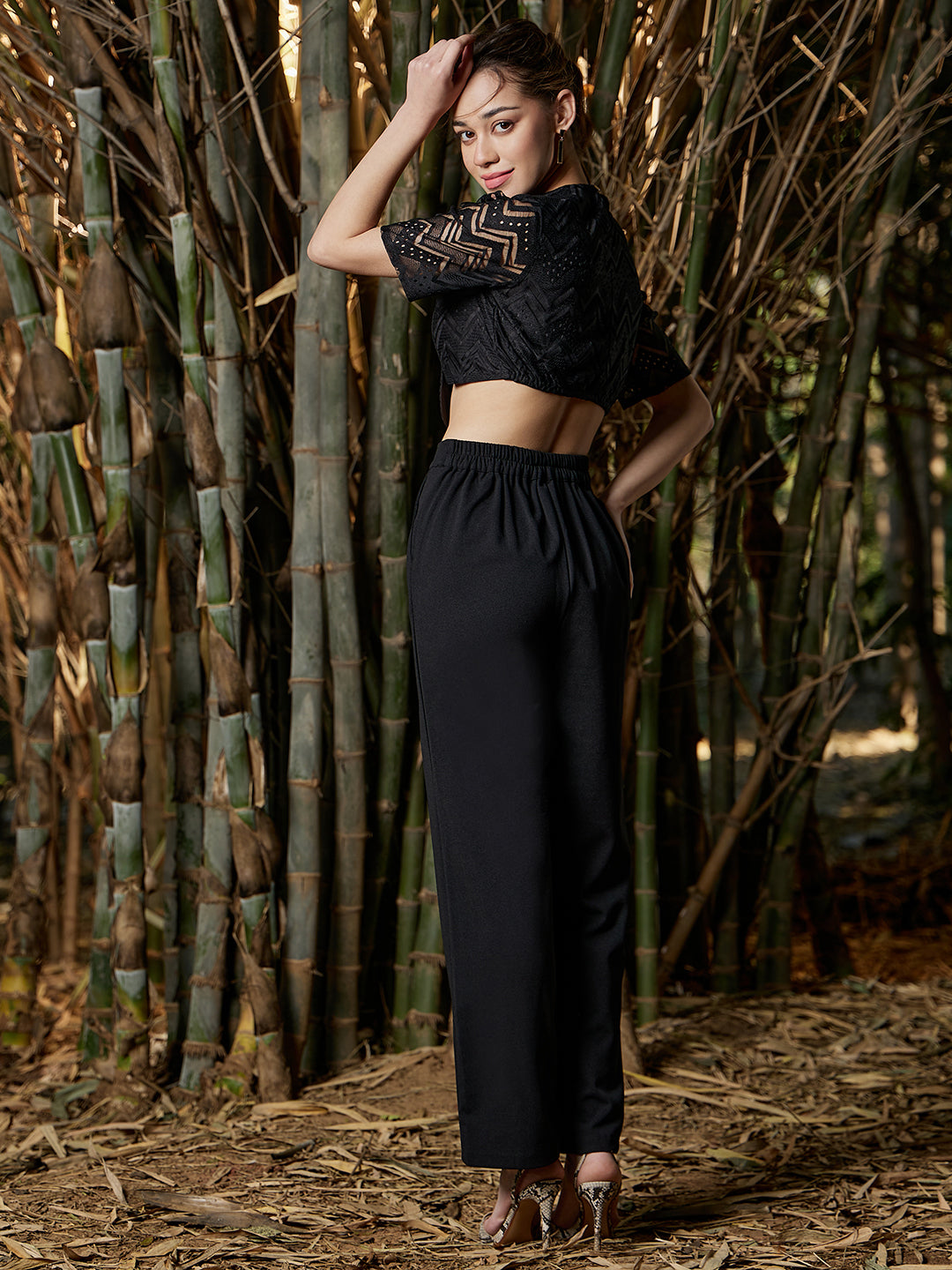 Athena Self Design Laced Crop Top With Trousers Co-Ords - Athena Lifestyle