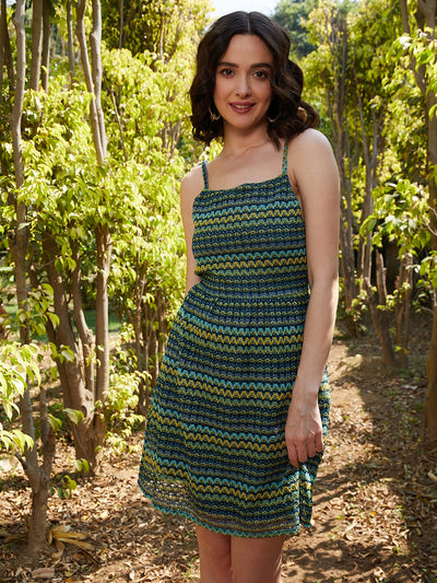 Athena Teal Tribal Print Lace A-Line Dress - Athena Lifestyle