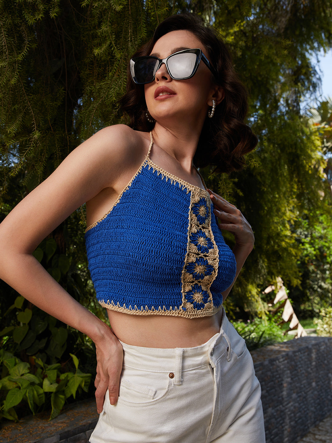 Athena Blue Print Cotton Crochet Styled Back Crop Top - Athena Lifestyle