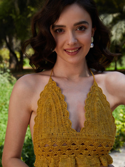 Athena Mustard Yellow Print Cotton Crochet Crop Top - Athena Lifestyle