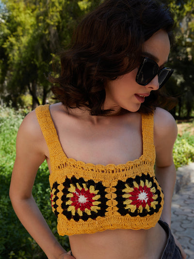 Athena Yellow Floral Print Cotton Crochet Crop Top - Athena Lifestyle