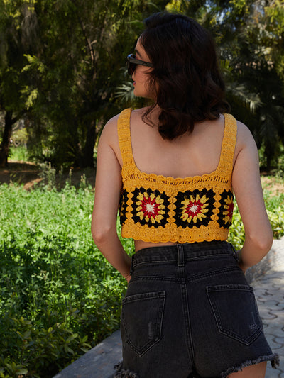 Athena Yellow Floral Print Cotton Crochet Crop Top - Athena Lifestyle