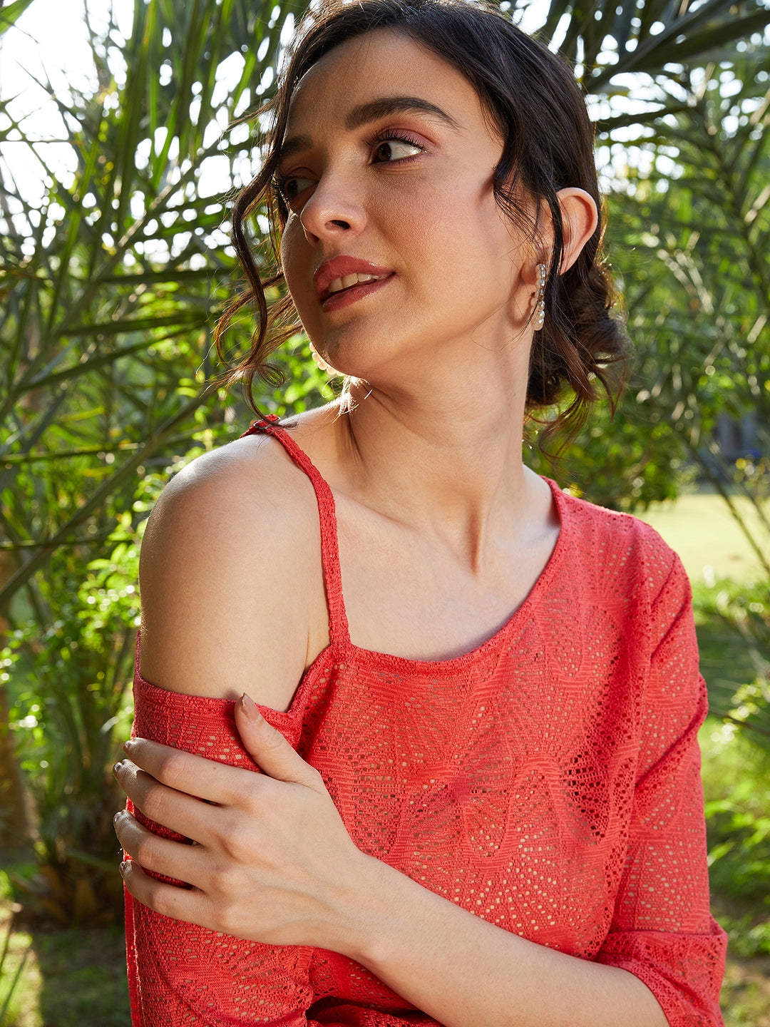 Athena Red Self Design One Shoulder Lace Top - Athena Lifestyle