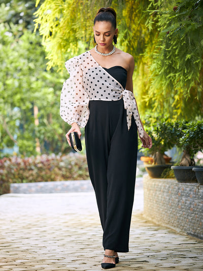 Athena Women Stylish Black Printed One-Shoulder Jumpsuit - Athena Lifestyle
