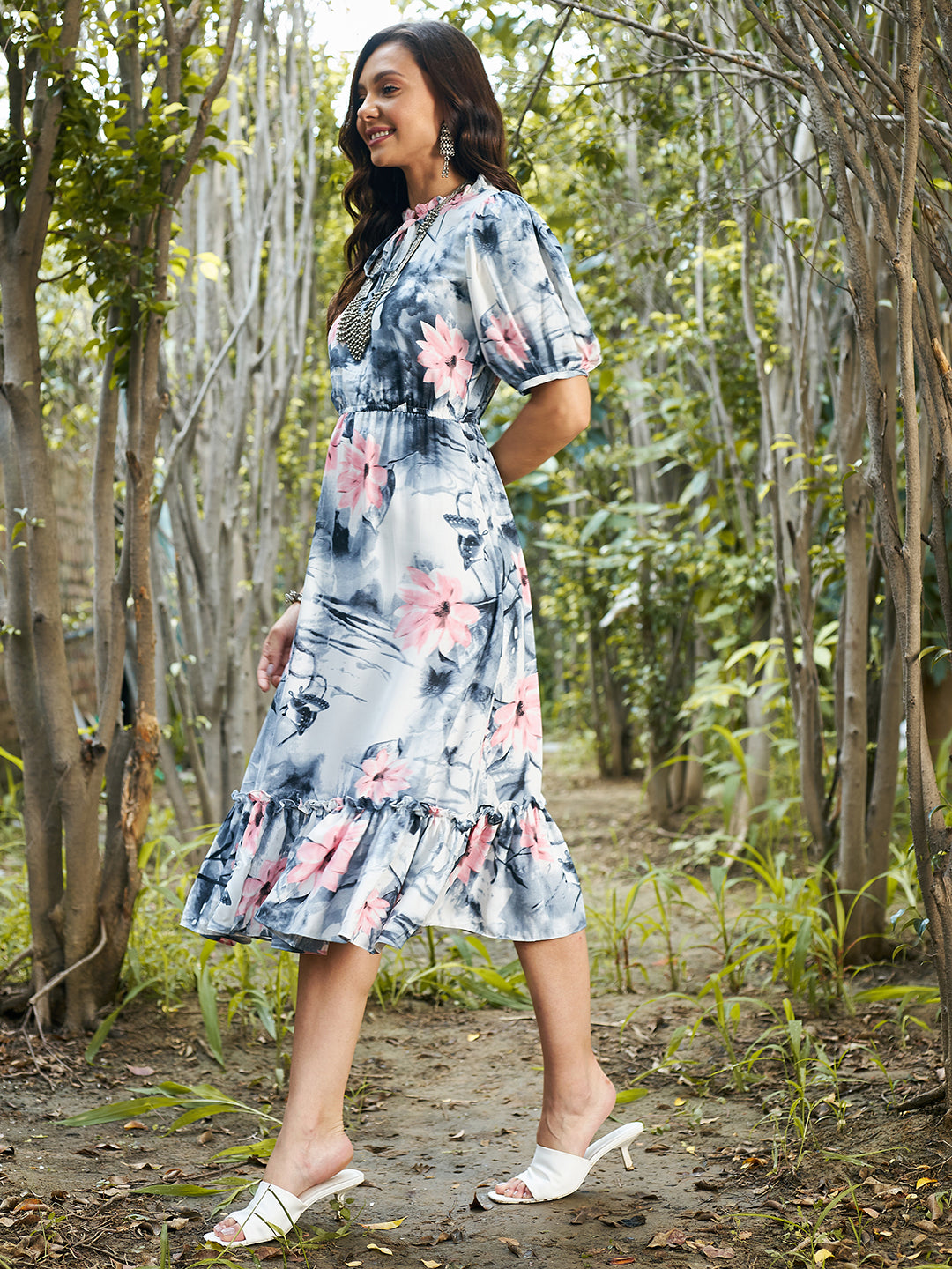 Athena Grey Blue Floral Tie-Up Neck A-Line Midi Dress - Main Image