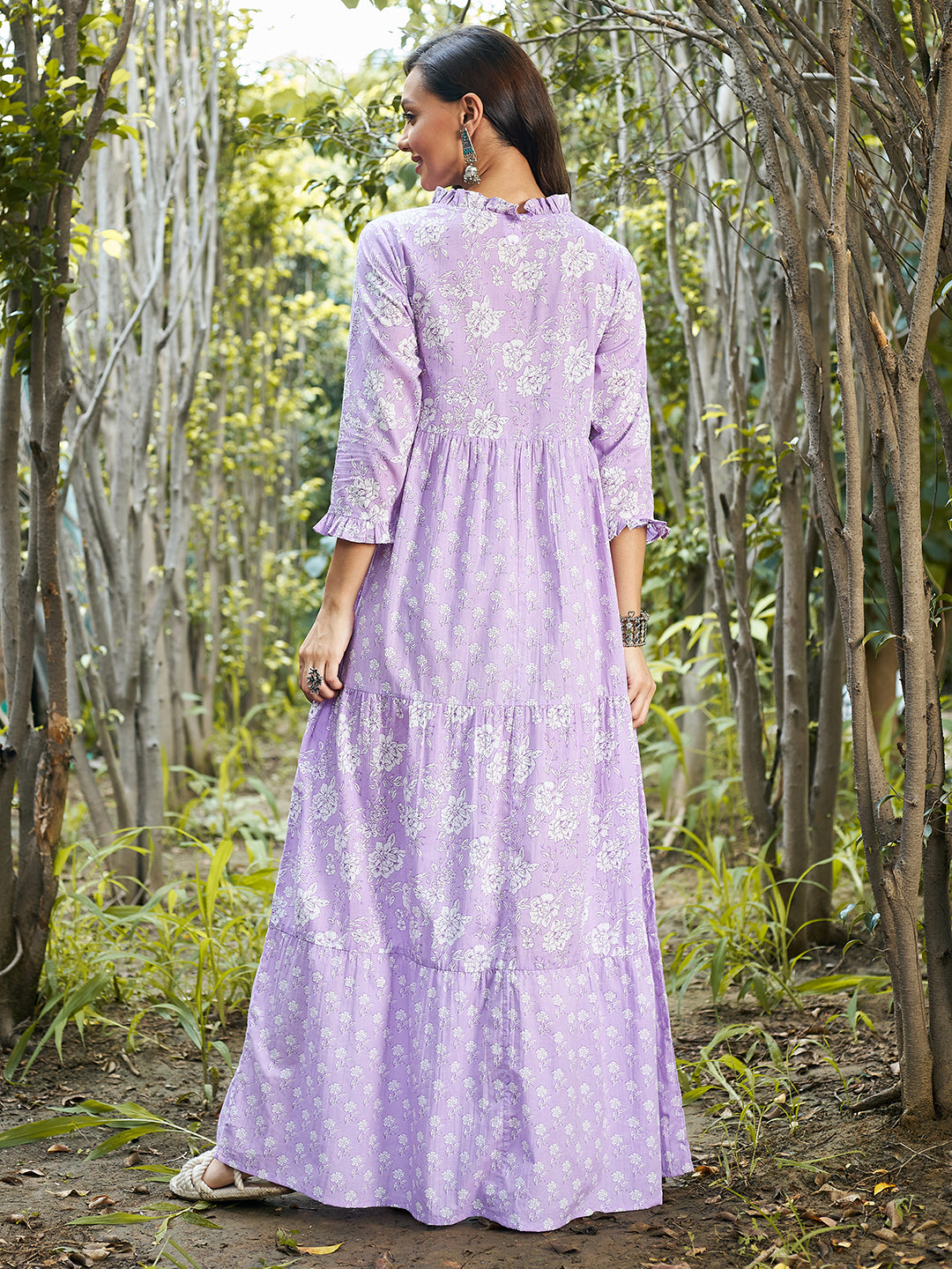 Athena Women Lavender Floral Tie-Up Neck Ethnic Maxi Dress - Athena Lifestyle