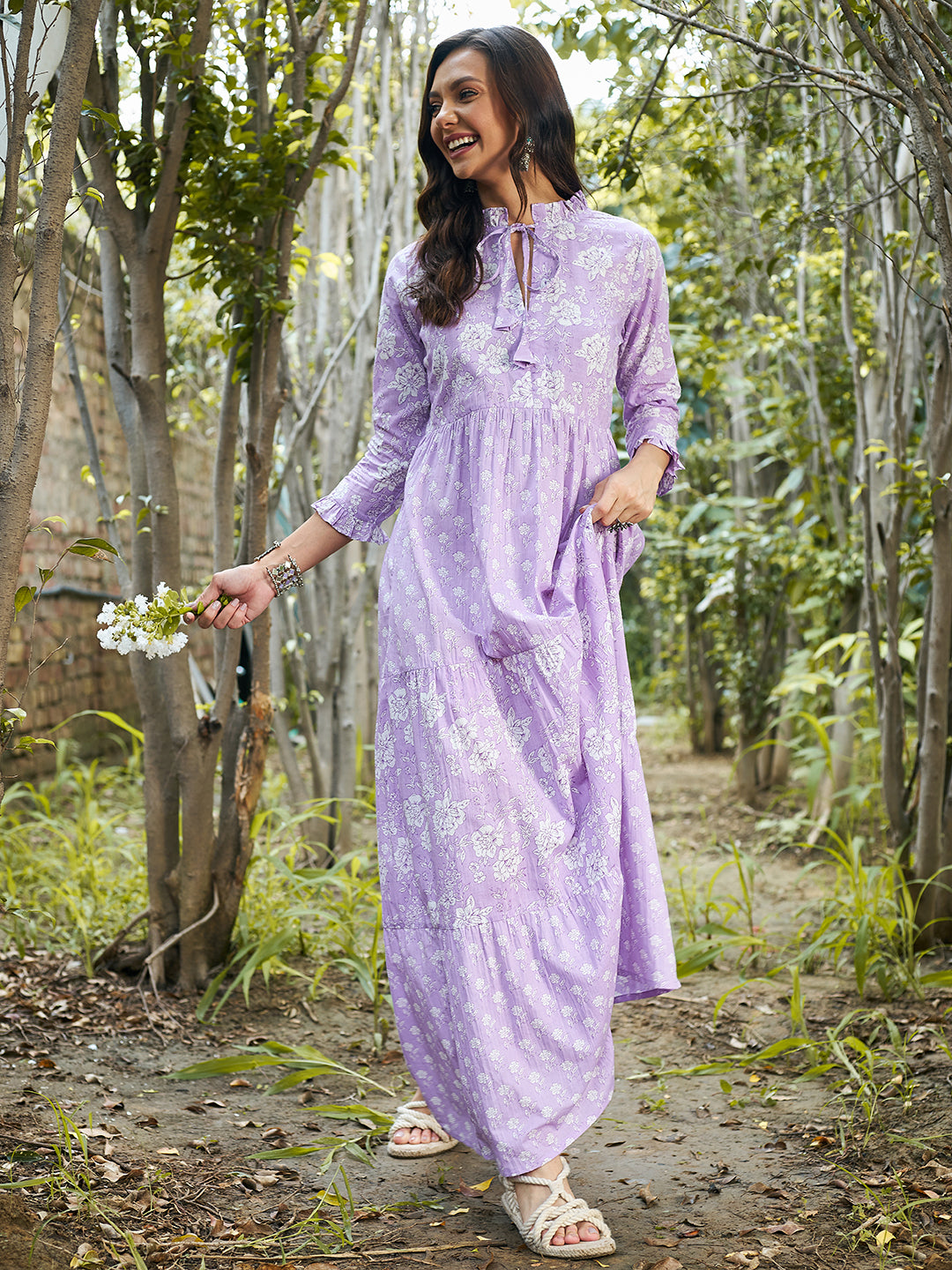 Athena Women Lavender Floral Tie-Up Neck Ethnic Maxi Dress - Athena Lifestyle