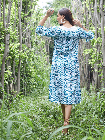 Athena Women Blue Ethnic Motifs Linen A-Line Midi Dress - Athena Lifestyle