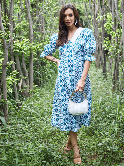 Athena Women Blue Ethnic Motifs Linen A-Line Midi Dress - Athena Lifestyle