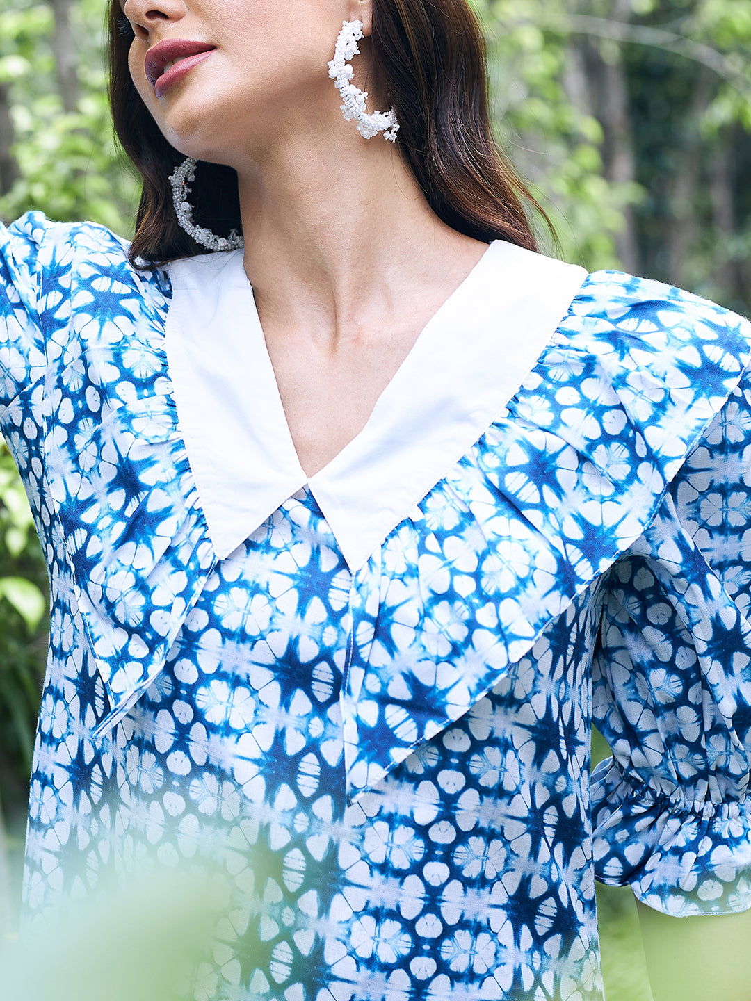 Athena Blue & White Printed Linen A-Line Midi Dress - Athena Lifestyle