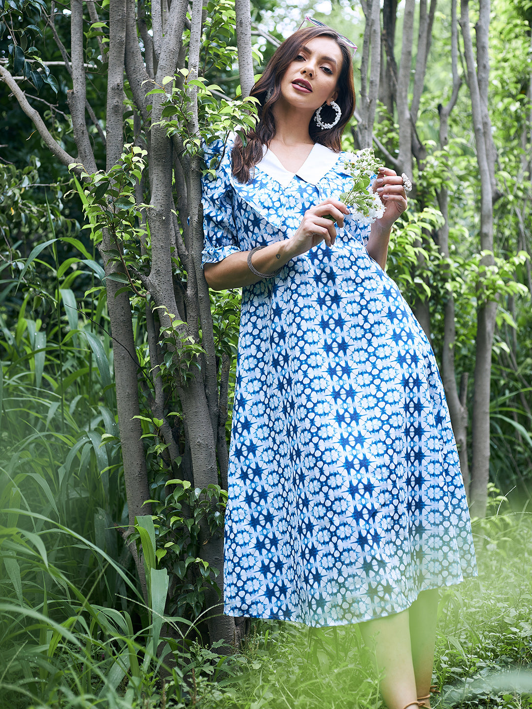 Athena Blue & White Printed Linen A-Line Midi Dress - Athena Lifestyle