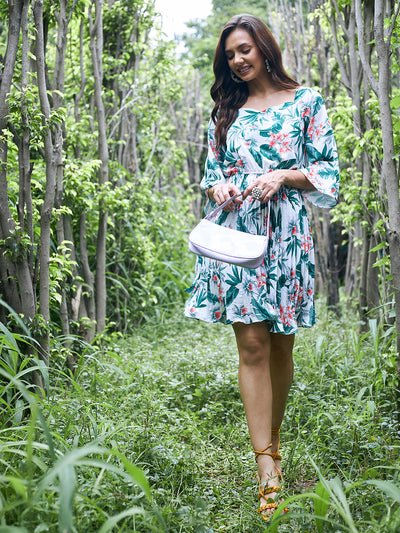 Athena White & Green Floral Crepe Blouson Dress - Athena Lifestyle