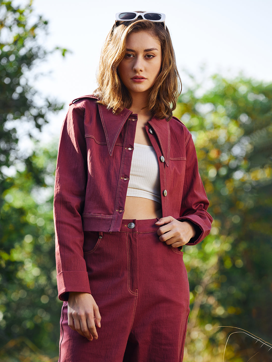 Maroon denim jacket fashion womens