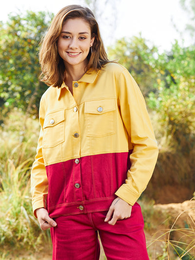 Athena Women Colourblocked Crop Cotton Denim Jacket - Athena Lifestyle