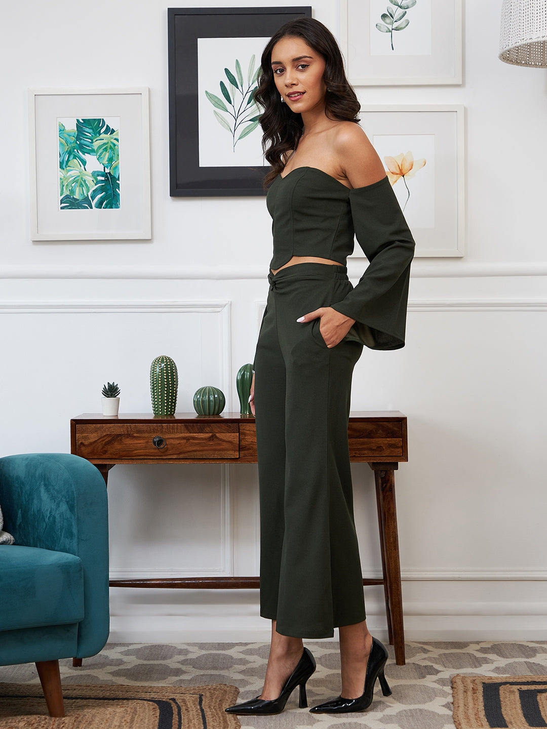 Athena Women Olive-Green Solid Off-Shoulder Crop Top With Trouser Co-Ords Set - Athena Lifestyle