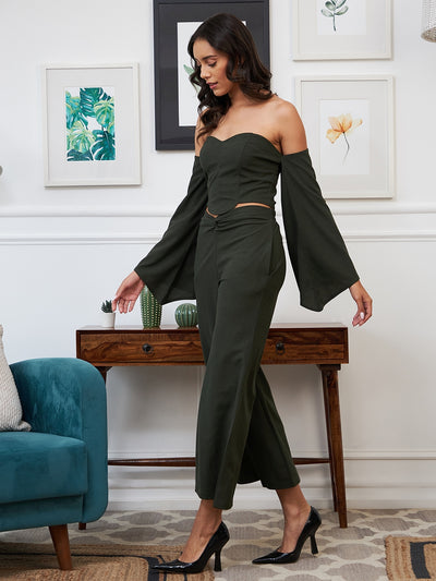 Athena Women Olive-Green Solid Off-Shoulder Crop Top With Trouser Co-Ords Set - Athena Lifestyle