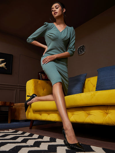 Athena Green Scuba Bodycon Dress With Back Slit - Athena Lifestyle
