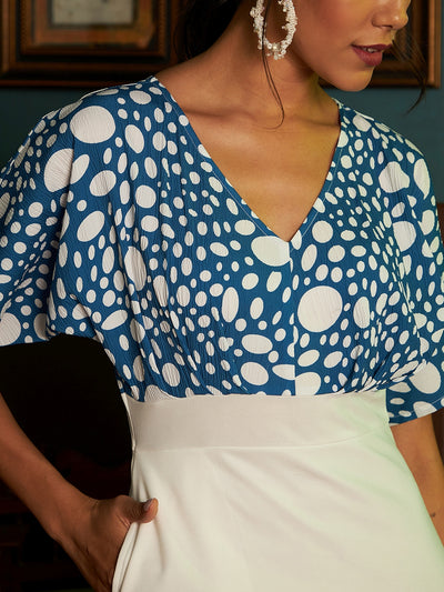 Athena Women Blue & White Polka Dots V Neck Scuba Sheath Dress - Athena Lifestyle
