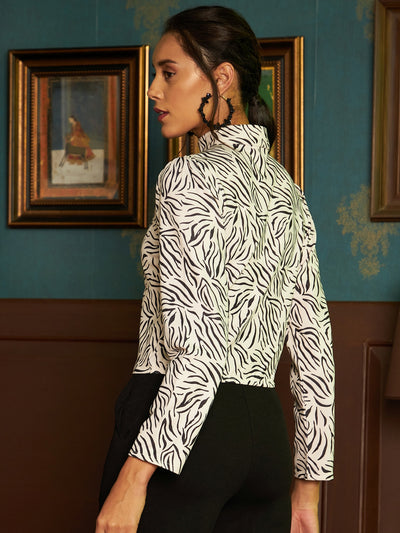 Athena Beige & Black Animal Print Tie-Up Neck Top - Athena Lifestyle