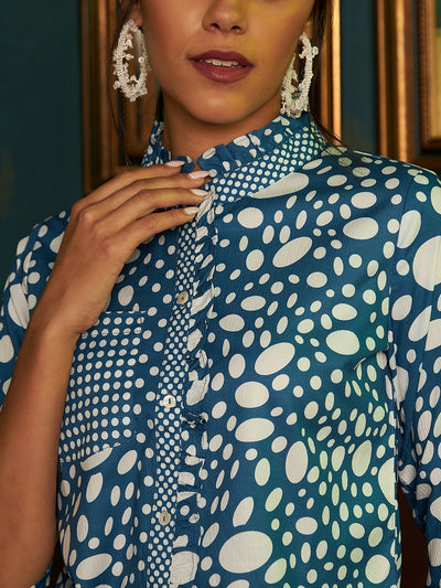 Athena Blue Floral Print Mandarin Collar Top - Athena Lifestyle