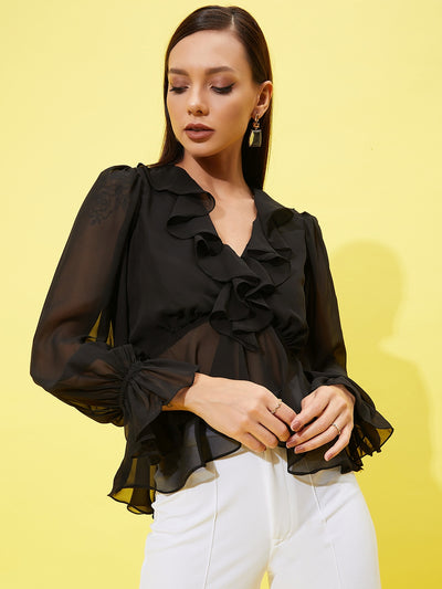 Athena V-Neck Puff Sleeve Ruffles Georgette Top - Athena Lifestyle