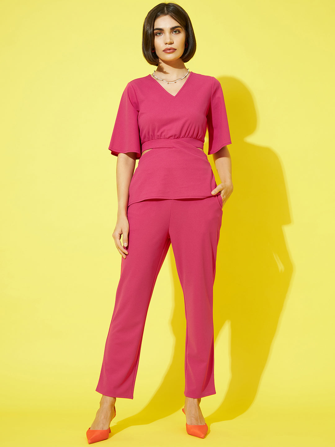 Athena Women Pink Solid V-Neck Top and Trousers - Athena Lifestyle