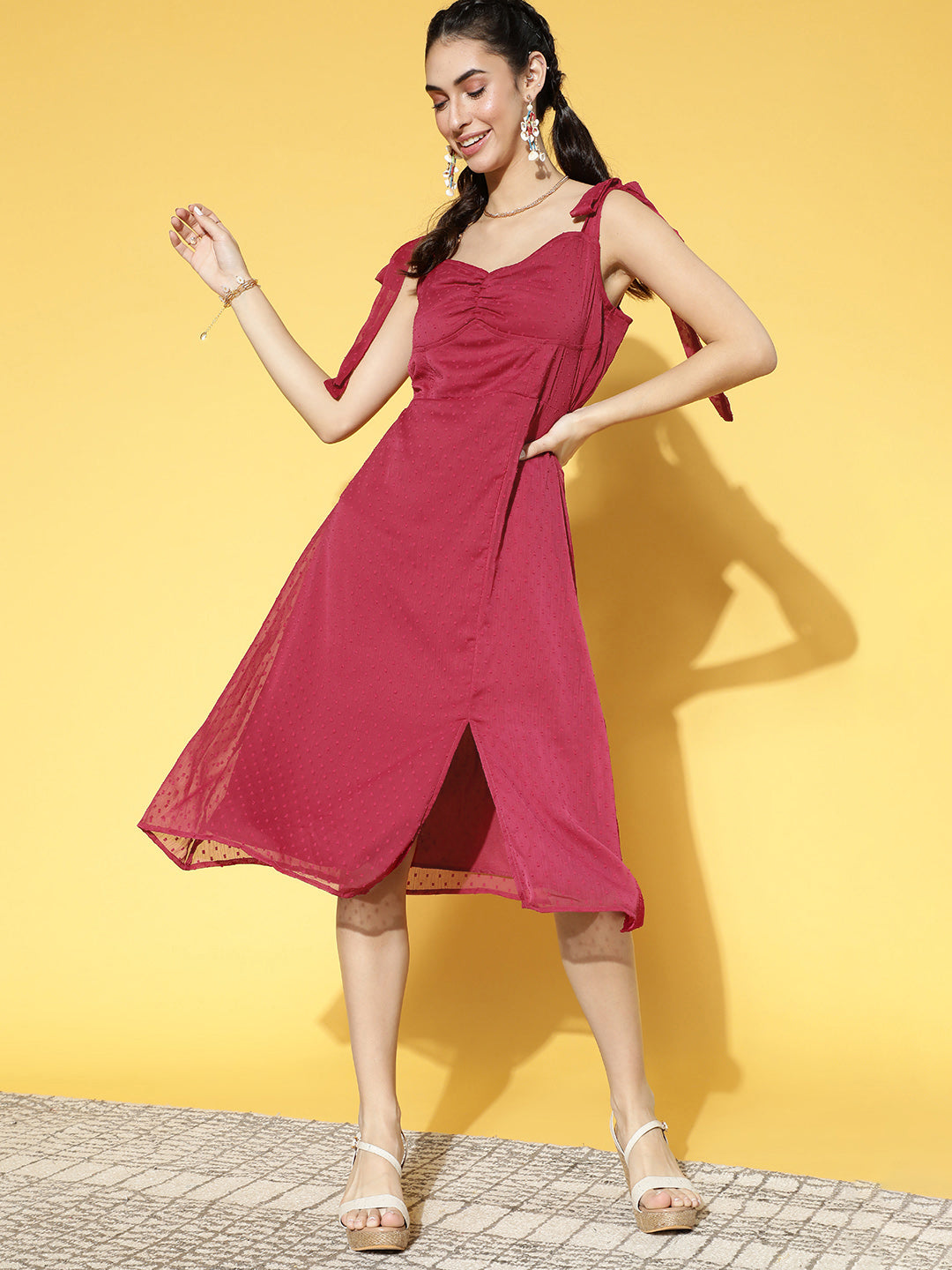 Athena Women Deep Burgundy Self-Design Volume Play Dress - Athena Lifestyle
