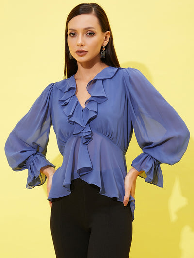 Athena Puff Sleeves High Low Ruffled Semi Sheer Georgette Cinched Waist Top - Athena Lifestyle