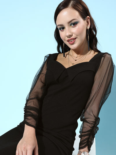 Athena Women Stylish Black Self Design Tulle Dress - Athena Lifestyle