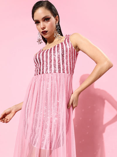 Athena Pink Striped Sweetheart Sequin Net Maxi Dress - Athena Lifestyle