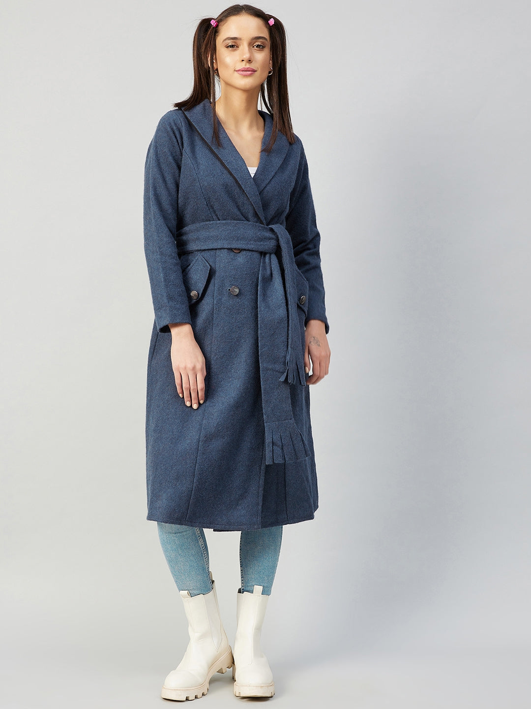 Athena Women Blue Solid Woolen Longline Wrap Coat - Athena Lifestyle