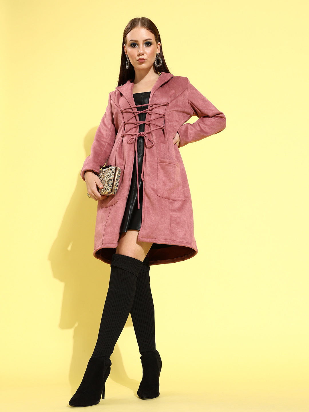 Athena Pink Suede coat with waist Draw-string and pocket details - Athena Lifestyle