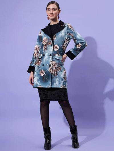 Athena Women Blue Floral Printed Double-Breasted Trench Coat - Athena Lifestyle