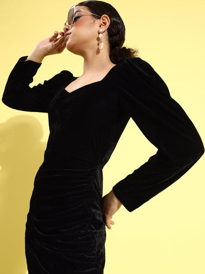 Athena Women Stylish Black Solid Velvet Dress - Athena Lifestyle
