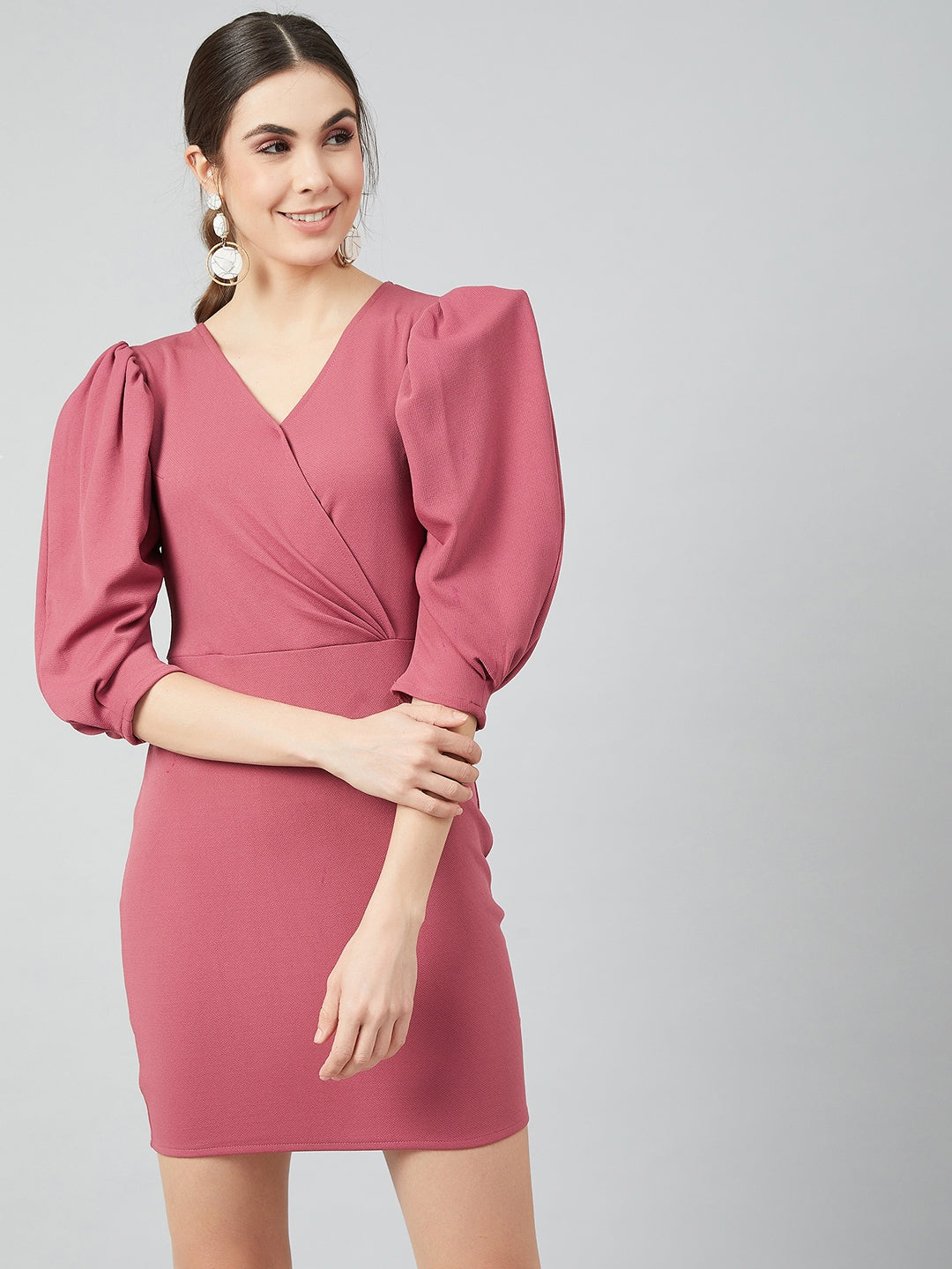 Athena Women Pink Solid Wrap Dress - Athena Lifestyle