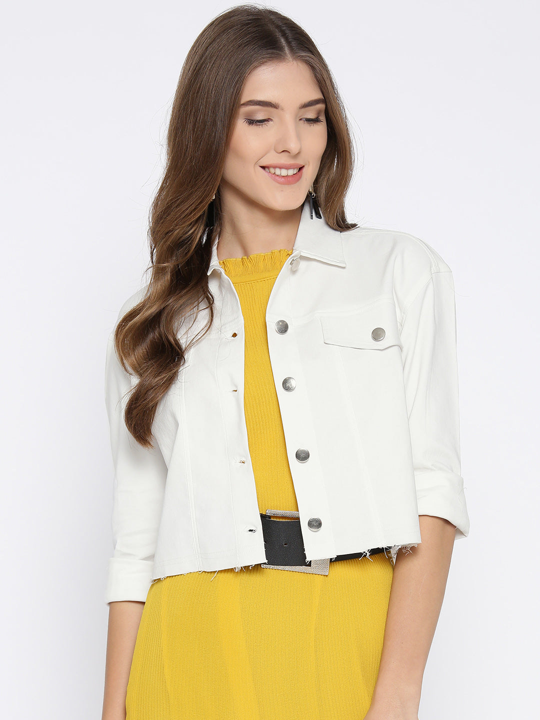 Athena Women White Solid Cropped Denim Jacket - Athena Lifestyle