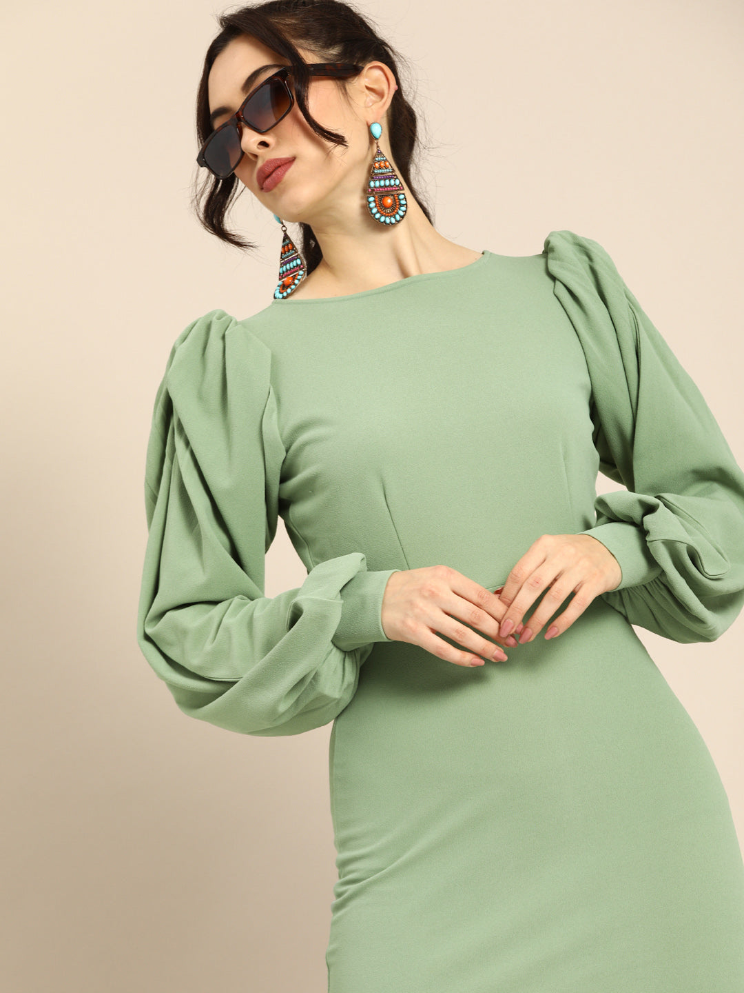 Athena Vintage Olive Green Puff Sleeves Bodycon Dress – Athena Lifestyle