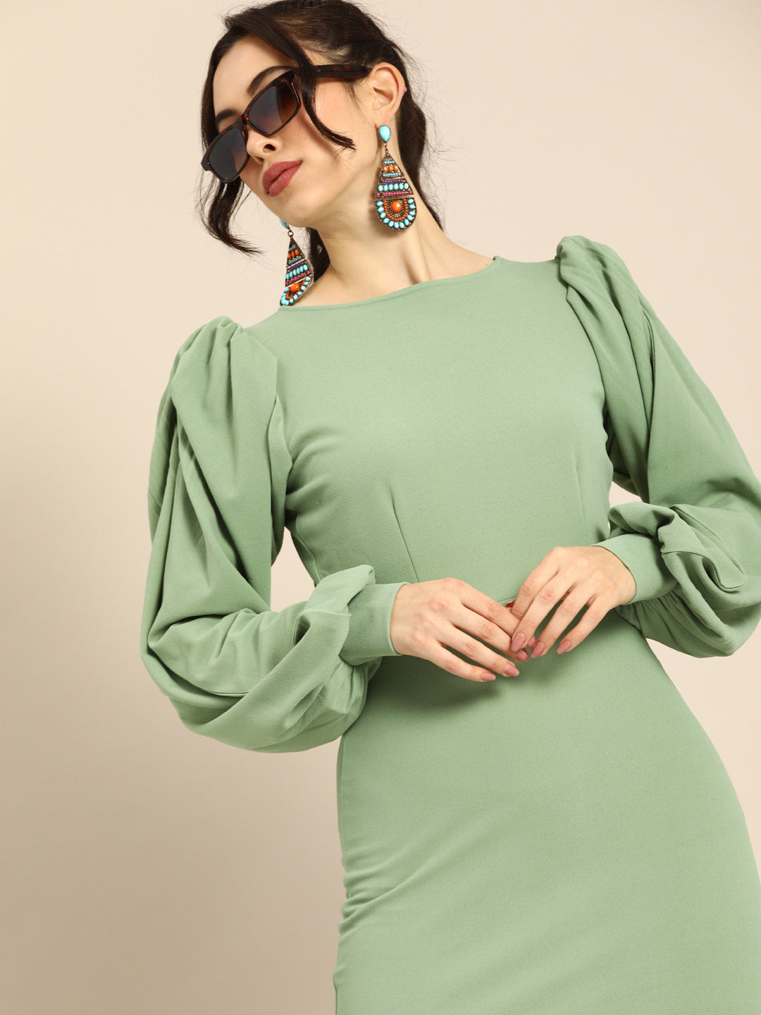 Athena Vintage Olive Green Puff Sleeves Bodycon Dress - Athena Lifestyle
